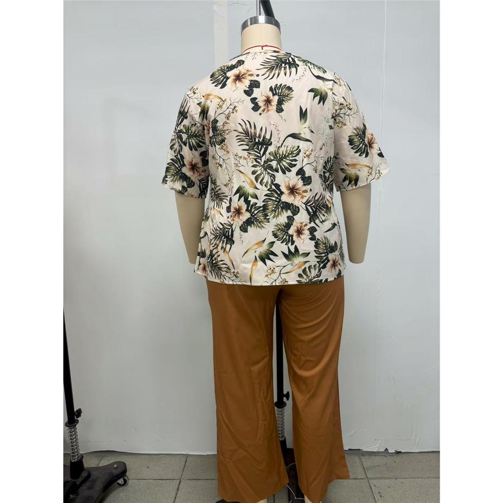 Women's plus size set printed short-sleeved T-shirt casual loose solid color trousers clothes sale