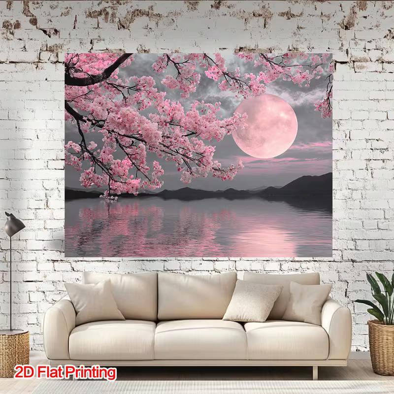 Sfondo Lago di Sakura Notturno 2D con Riflesso della Luna Rosa