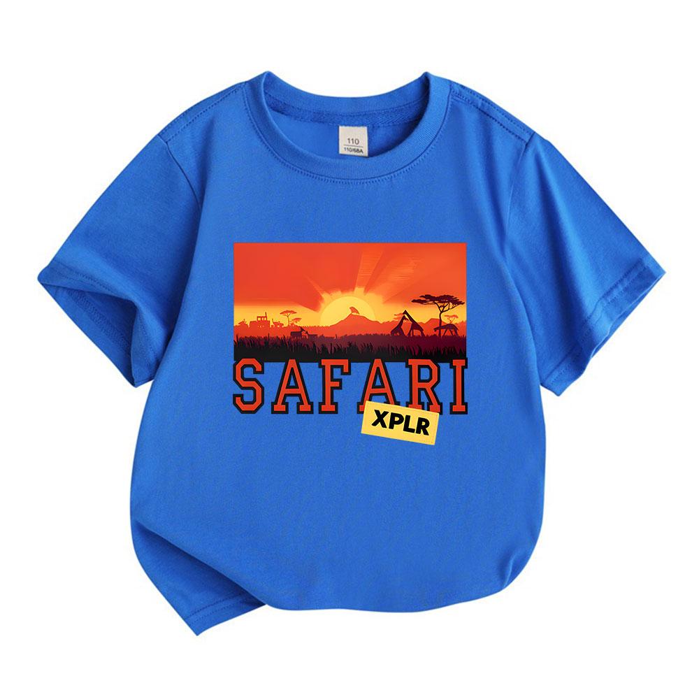 Kids Boys Girls Crew Neck Short Sleeve 100% Cotton T-Shirt, African Safari Savannah Sunset Graphic Casual Tees for Children Summer Soft Breathable Top