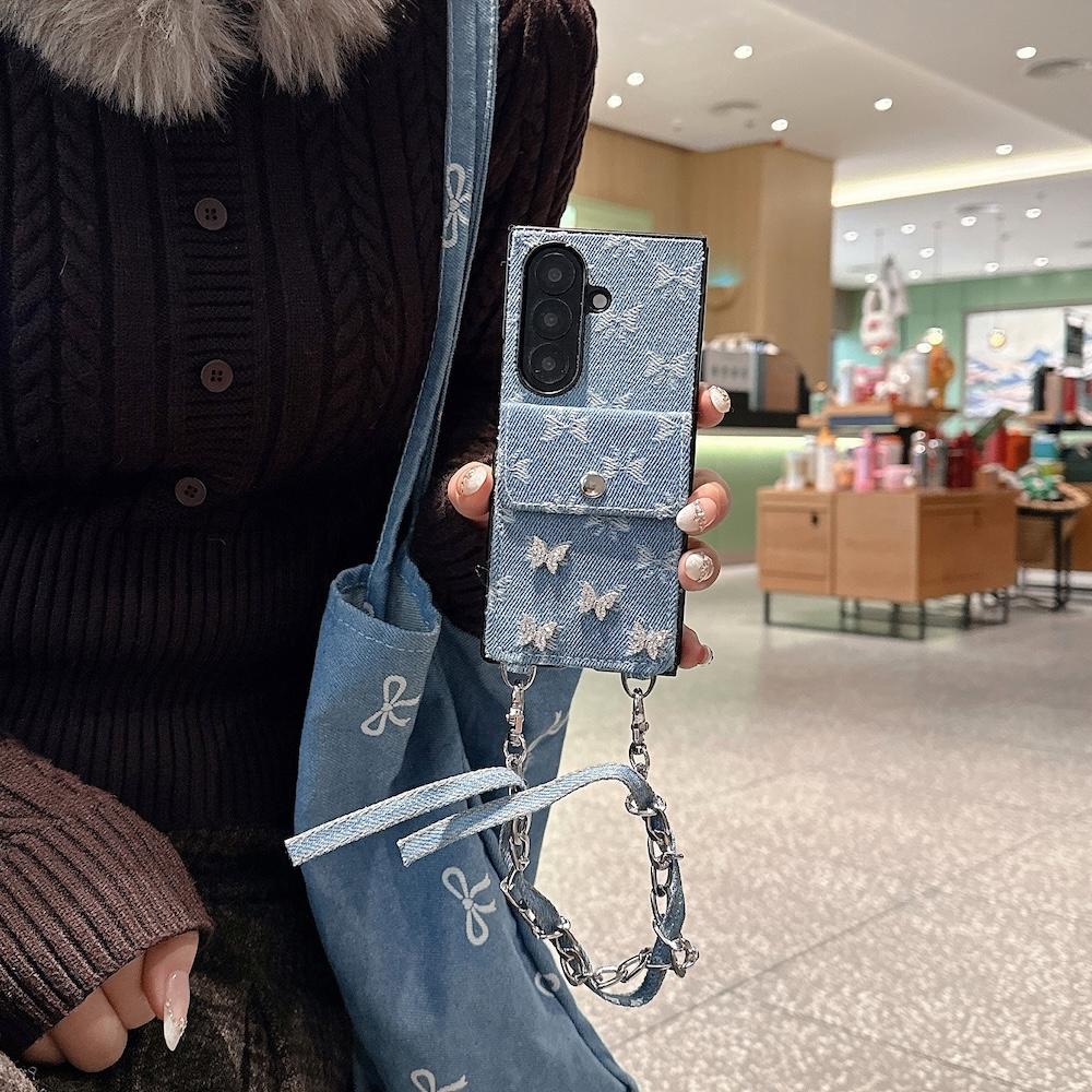 Z Fold 7 Case Luxury Denim Jeans Glitter Butterfly Wallet Phone Cover for Samsung Galaxy Z Fold 6 4 5 Card Holder Wrist Strap