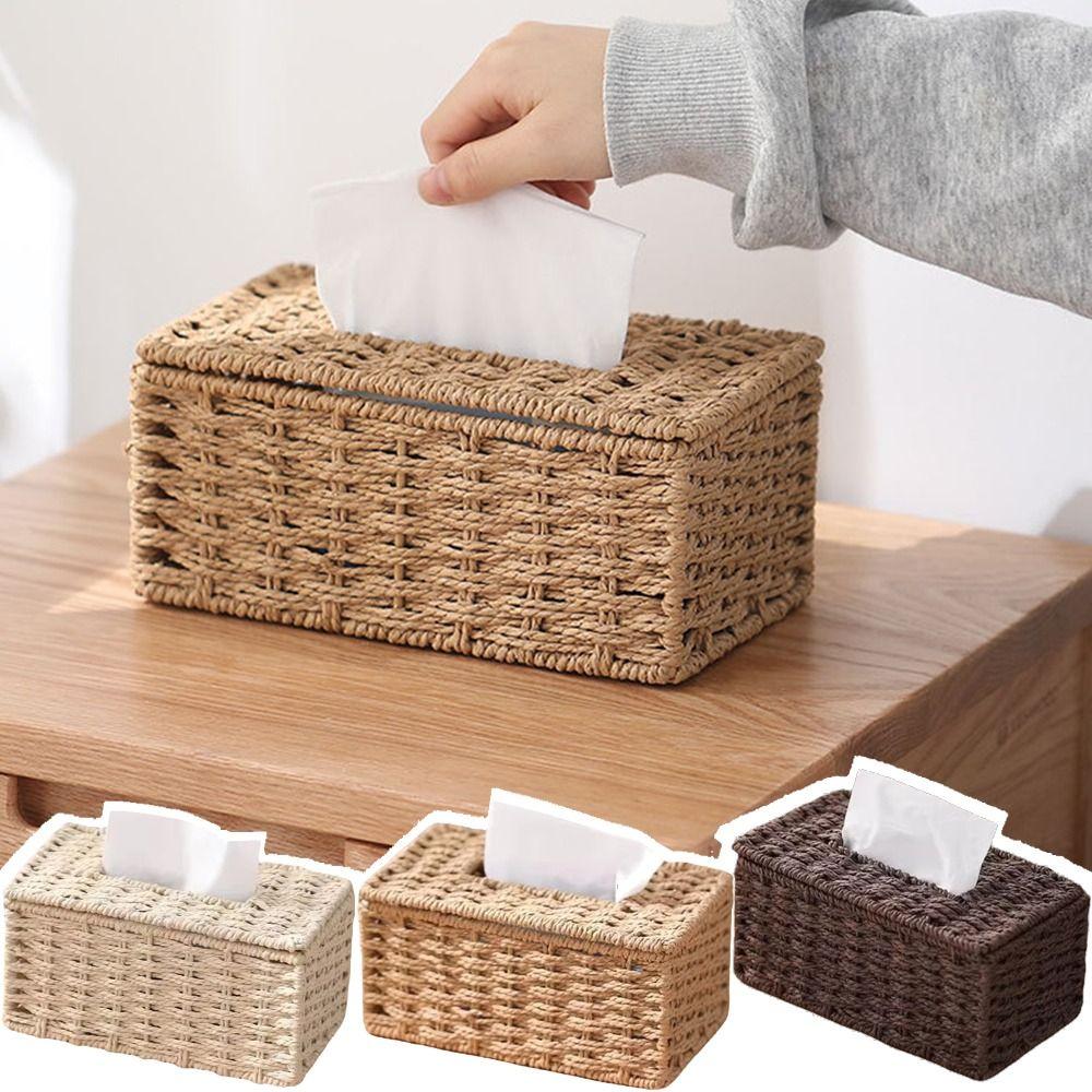 Large Capacity Woven Tissue Box Handmade Tissue Paper Container Desktop Napkin Dispenser Office