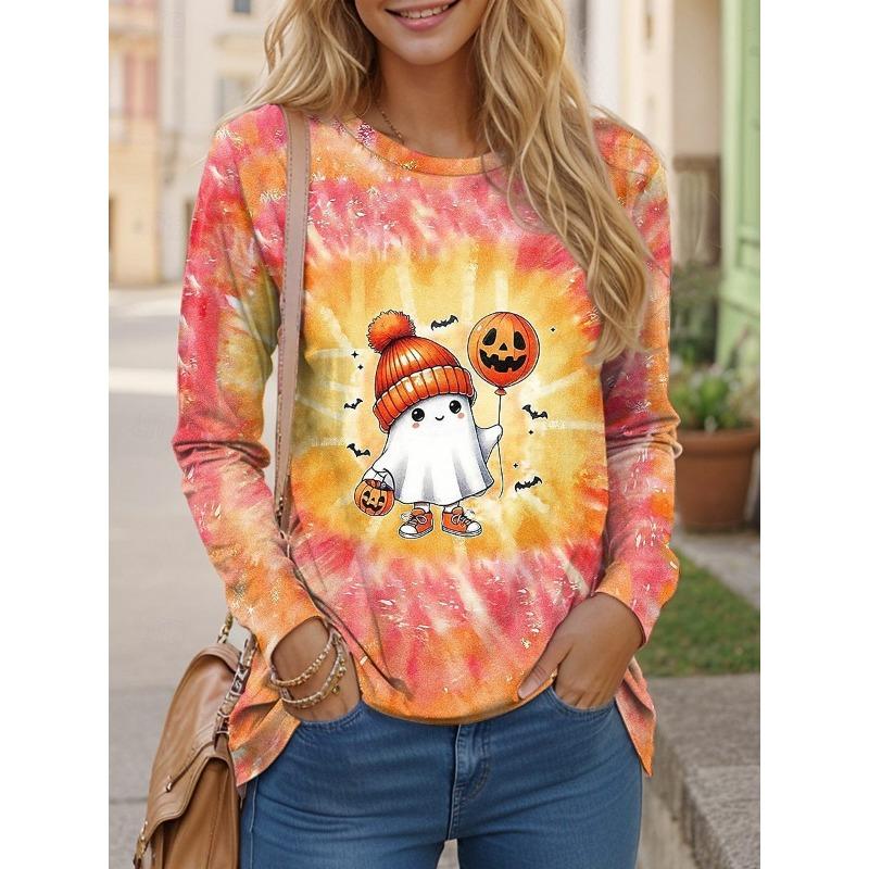 Round Neck 3D Ghost Printed Top Casual Long Sleeved Women's T-shirts - Soft Medium Stretch Polyester Fabric Spring and Autumn Relaxed Fit Clothing