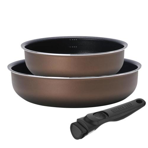 IRIS OHYAMA PDCI-S3S Chestnut Brown Frying Pan Set, 3-Piece Set, Induction/Gas, Deep, Diamond Coat, Measuring Scale, Oven Cooking, Detachable Handle,