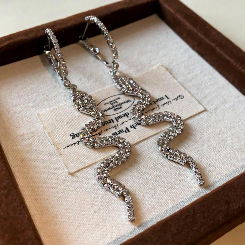 Silver Needle Diamond Geometric Serpentine Long Earrings European and American Light Luxury Personality Earrings Fashion Temperament Earrings Women