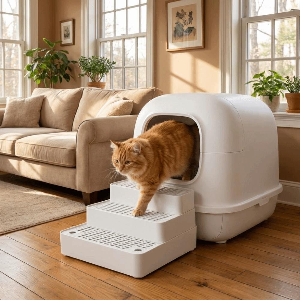 Plastic 3 Steps Cat Litter Box Ramp Detachable Adjustable Automatic Cat Toilet Feet Filter Waterproof with Drainage Holes