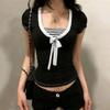 American College Style Color-Blocked Striped Bow Tie Patchwork Short-Sleeve T-Shirt, Sweet and Youthful Waist-Cinching Elegant Top
