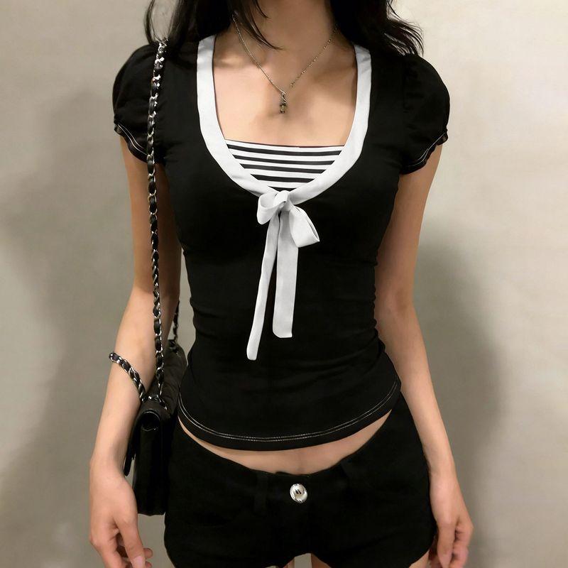 American College Style Color-Blocked Striped Bow Tie Patchwork Short-Sleeve T-Shirt, Sweet and Youthful Waist-Cinching Elegant Top