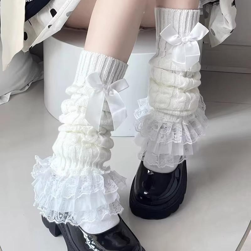 Lace Japanese Harajuku Leg Warmers Y2k Spicy Girl Over Knee Pile Socks Bow Tiered Ruffled Socks Lolita Leg Horn Women Warmers