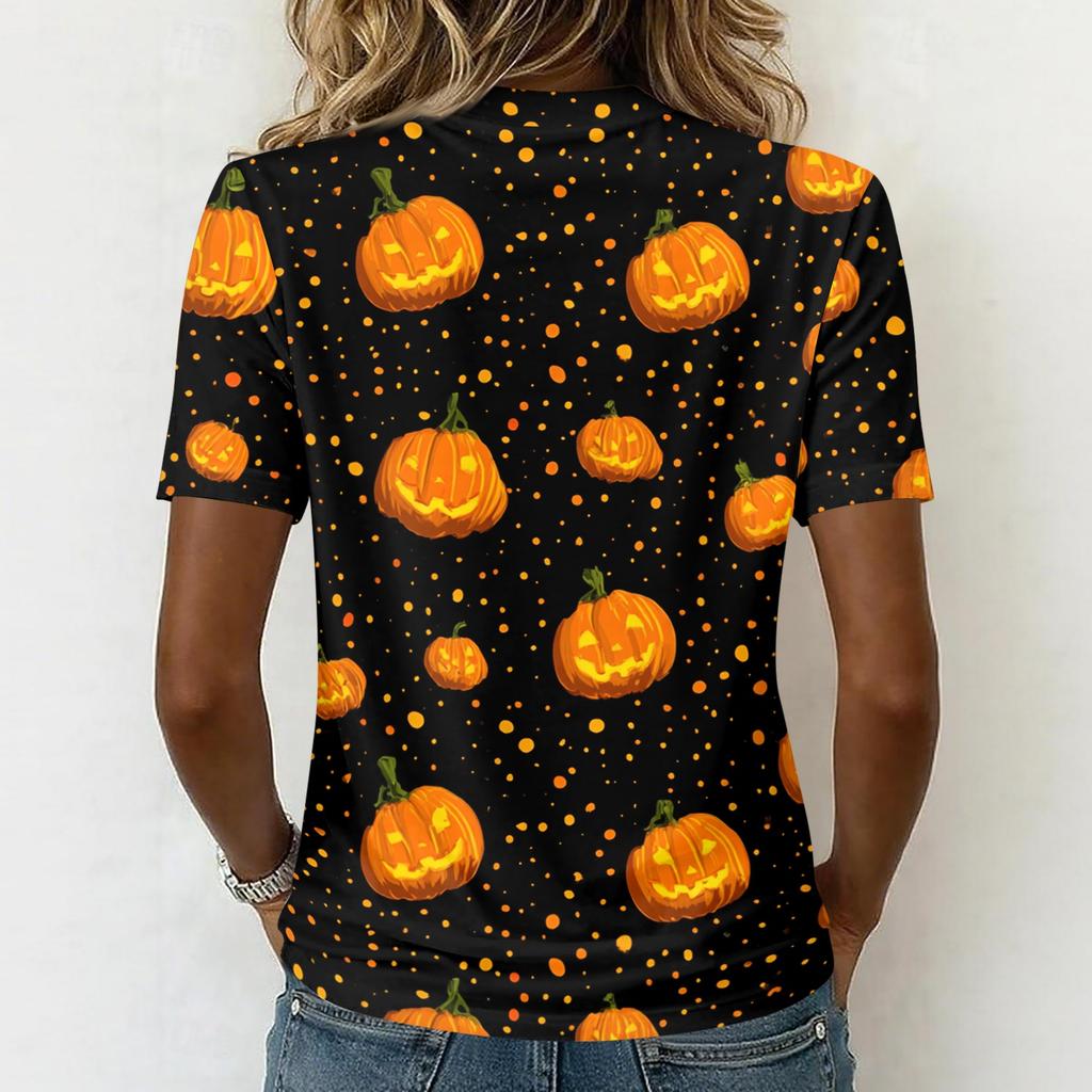 Womens Casual Short Sleeve Pullover Top V Neck Halloween Pumpkin Print Shirt Lightweight Comfortable Fit