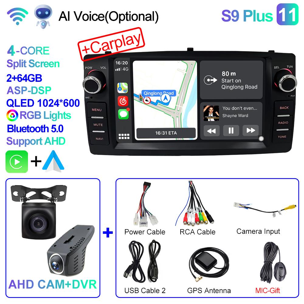 2din Android 12 Wireless CarPlay Android Auto Car Radio Multimedia GPS for Toyota Corolla E120 2003-2006 BYD F3 Stereo 4G