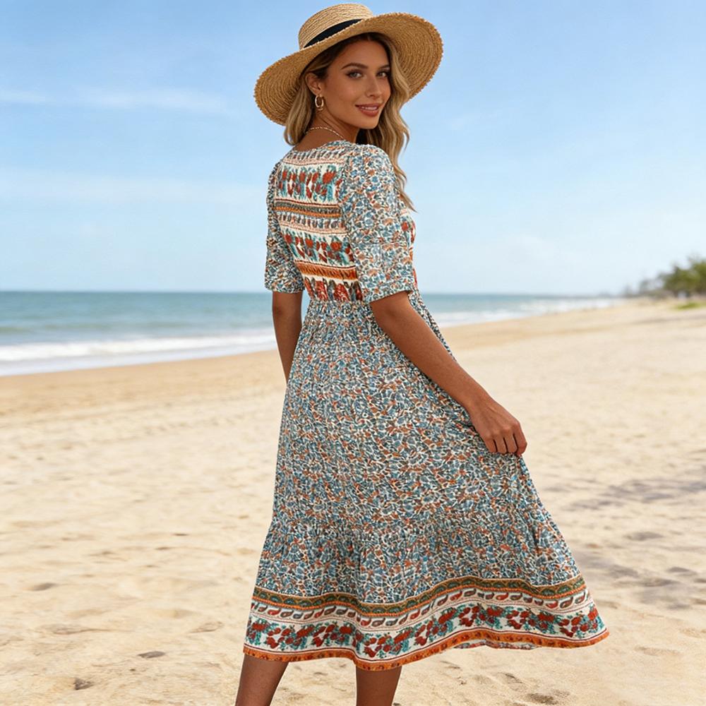 Women Bohemian Print Half Sleeve Flowy Midi Dress Elegant Outdoor Daily Wear