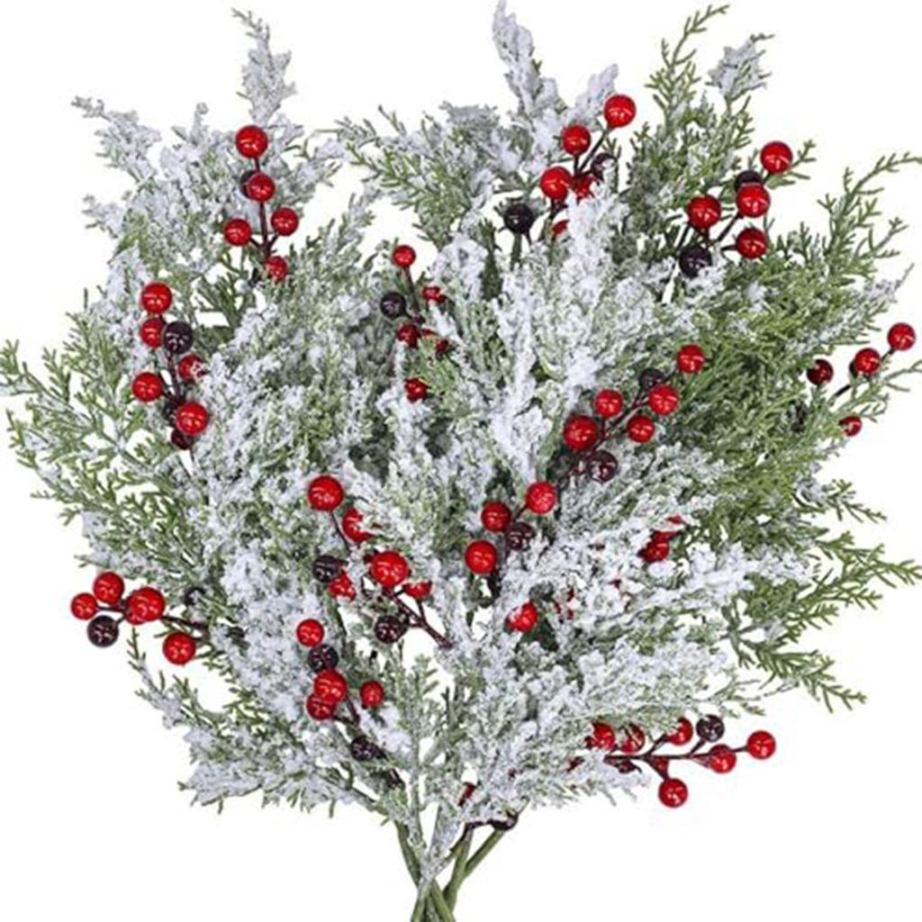 Artificial Christmas Flowers With Red Berry Stems, Fake Norfolk Garland Branches For Winter Decor, Faux Christmas Garland Tree Picks And DIY Crafts