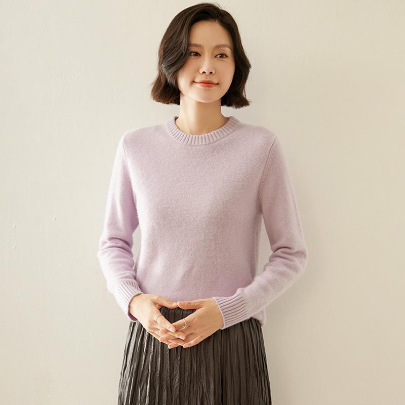 Women's Elegant Round Neck Cashmere Sweater - Autumn/Winter 2026 Collection, Solid Color, Loose Fit, Slimming Flat Knit Base Layer