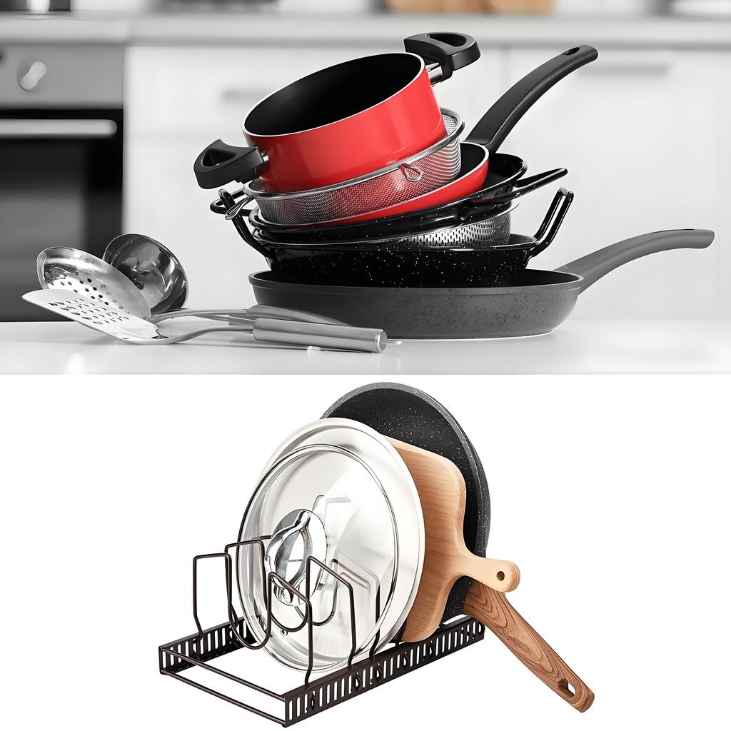 7-Slot Pot Lid Organizer Rack | Adjustable Cabinet & Countertop Storage | Natural Wood Bakeware Holder for Neat Kitchens