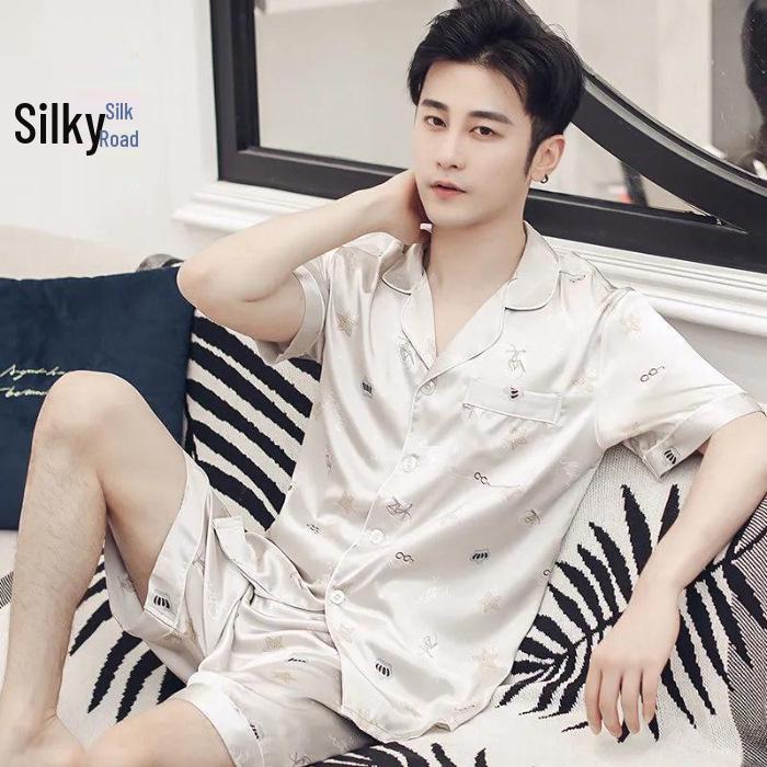 Men s Summer Ice Silk Pajama Set: Long Sleeve, Long Pants, Loose-Fit, Cooling Style. XL