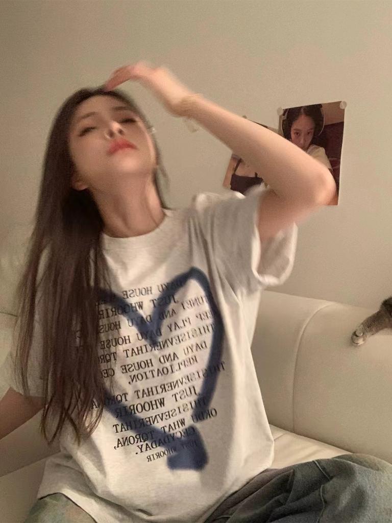 Koreanischer Sle Sommer Bedrucktes Rundhals Design Einzigartiges Kurzarm T-Shirt Damen Baumwolle 00% Mode Lässig Top