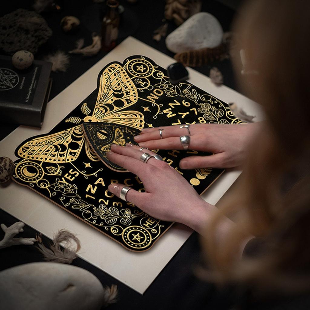 Wooden Spirit Board Kit Tarot Card Stand Holder Moth Divination Board Set with Planchette Black Altar Card Display Stand Rectangle Talking Board