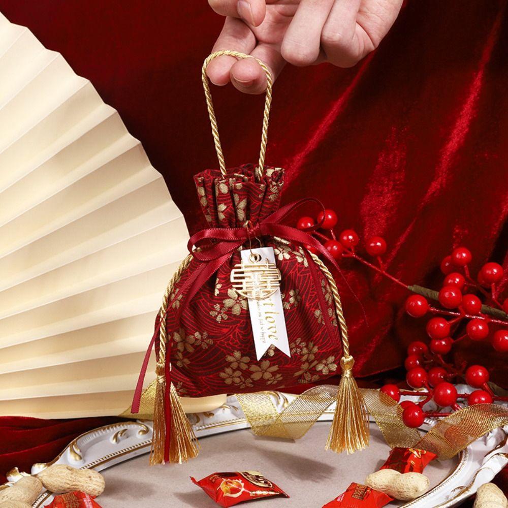 Pearl Pendant Canvas Flower Drawstring Bag Stripe Bowknot Floral Tassel Handbag Female/Girls