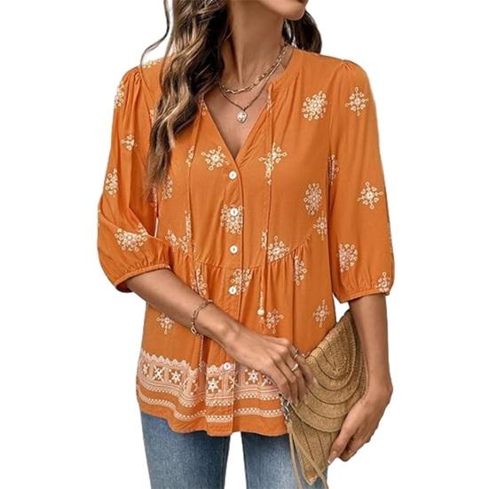 Women Shirt Loose Fit V Neck Printed Button Placket Shirt Tops Half S оранжевый