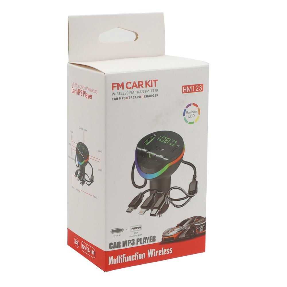 RGB Bluetooth 5.0 Audio Transmitter FM Modulator U-Disk Wireless Handsfree USB+PD Phone Charger With 3 Charging Cables