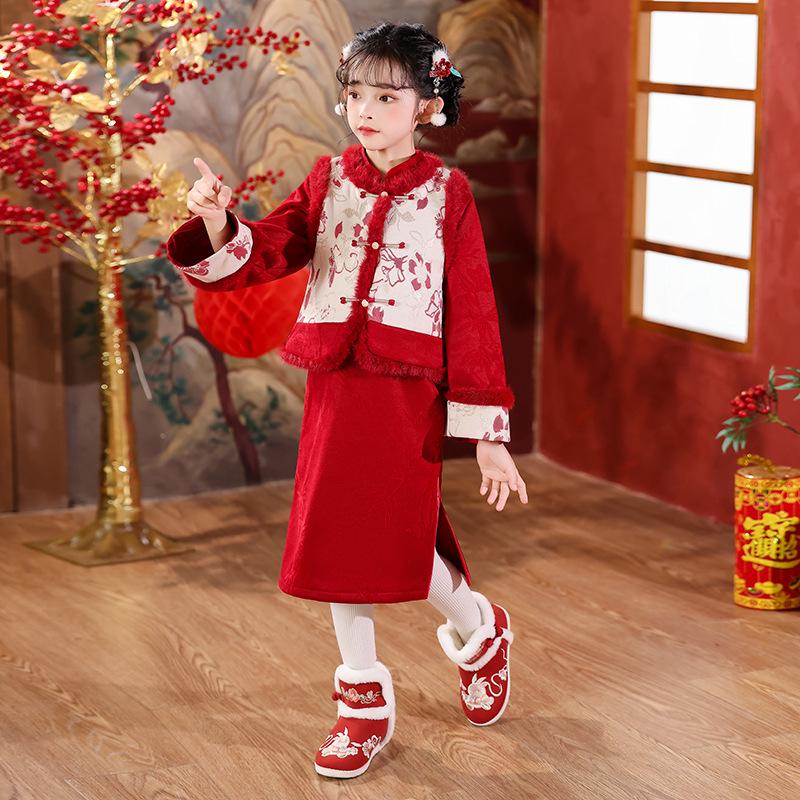

Girls Red Tang Suit with Velvet Qipao and Princess Skirt - Chinese Style Winter Outfit Size 110cm