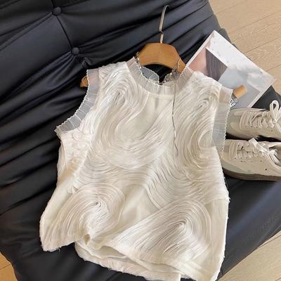 Women's Spring/Summer French-Style Youthful Pleated Lace Stand-Up Collar Sleeveless Casual Chiffon Blouse