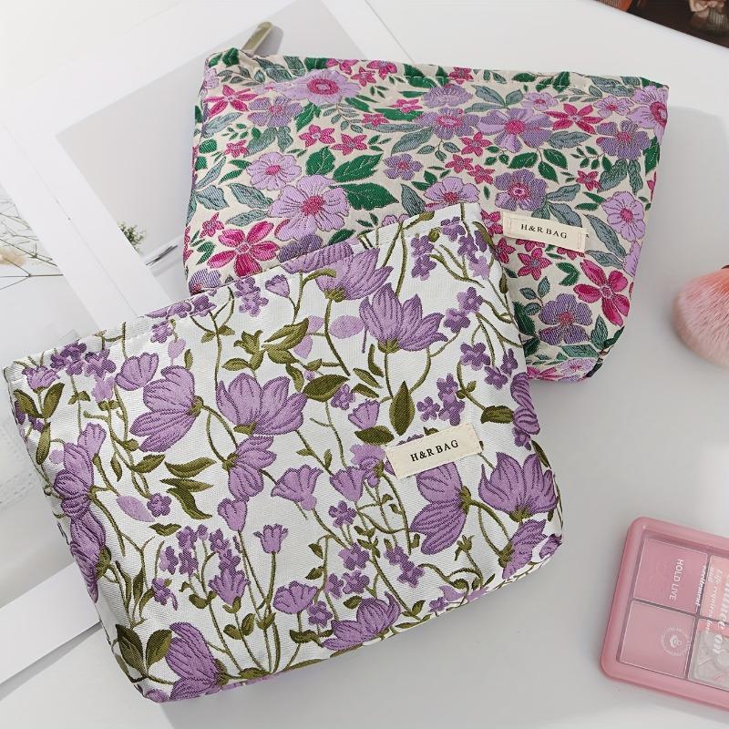 Large Capacity Cosmetic Bag with Purple Flower Print, Travel Makeup Organizer & Brush Pouch, Wash Bag Gift for Women Students