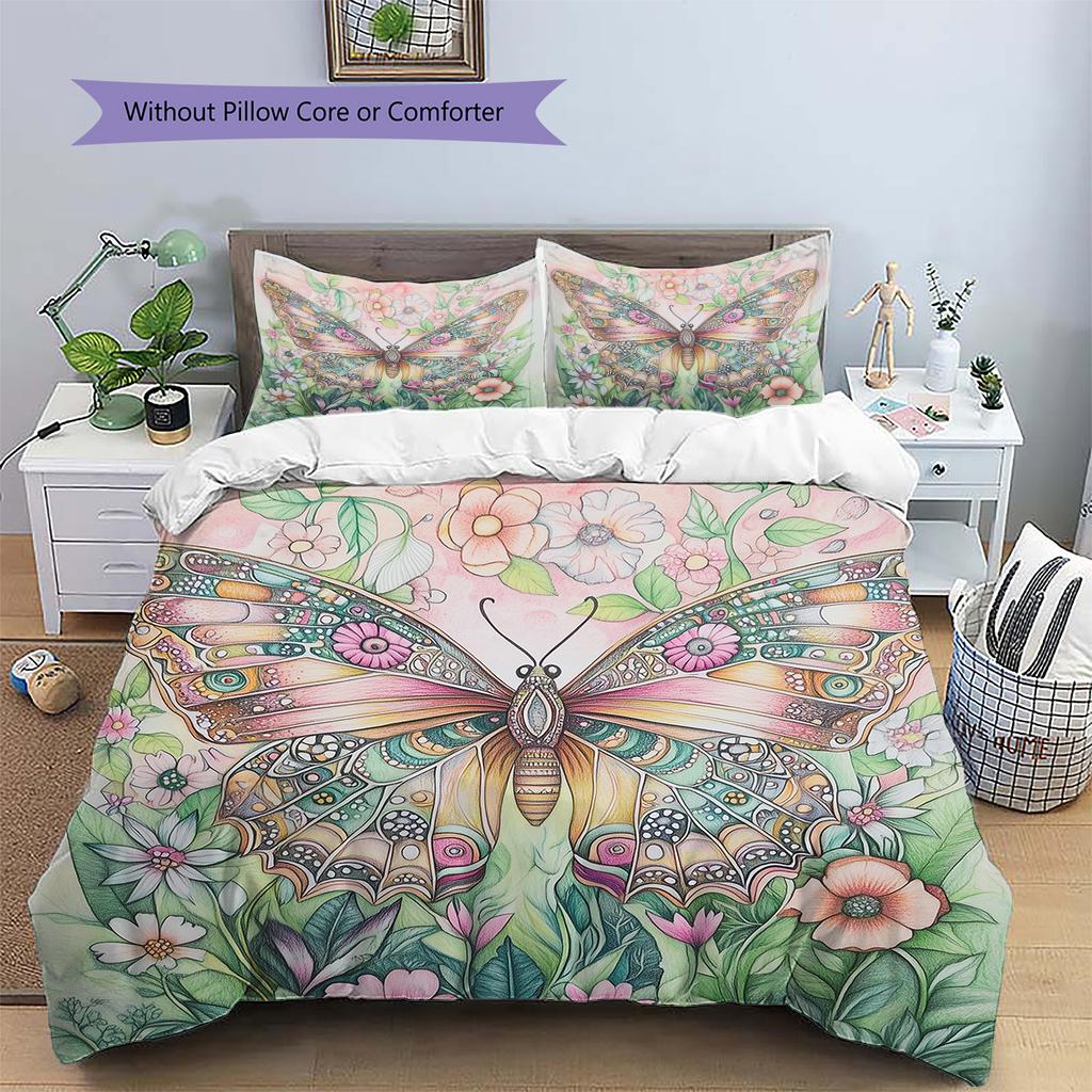 Butterfly in Flower Bushes  Pattern Bedding Quilt Set Quilt Cover Pillowcase Home Decoration  Gift (1 * duvet cover + 2 * pillowcase, without core)