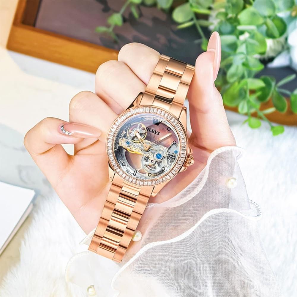 OLEVS Swiss Ladies Watch Automatic Self-Winding Mechanical Bracelet Set Sapphire Crystal Dress Waterproof Stainless Steel Rose Gold Classic