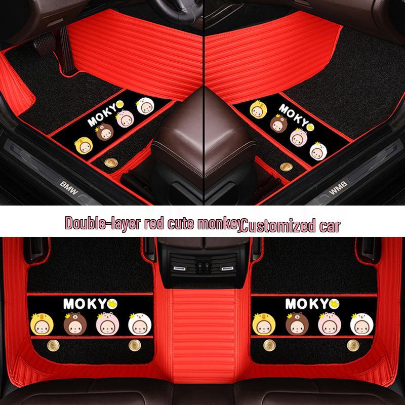Custom Leather Car Floor Mats for Women - Cartoon Design, Double-Layer, Full Coverage