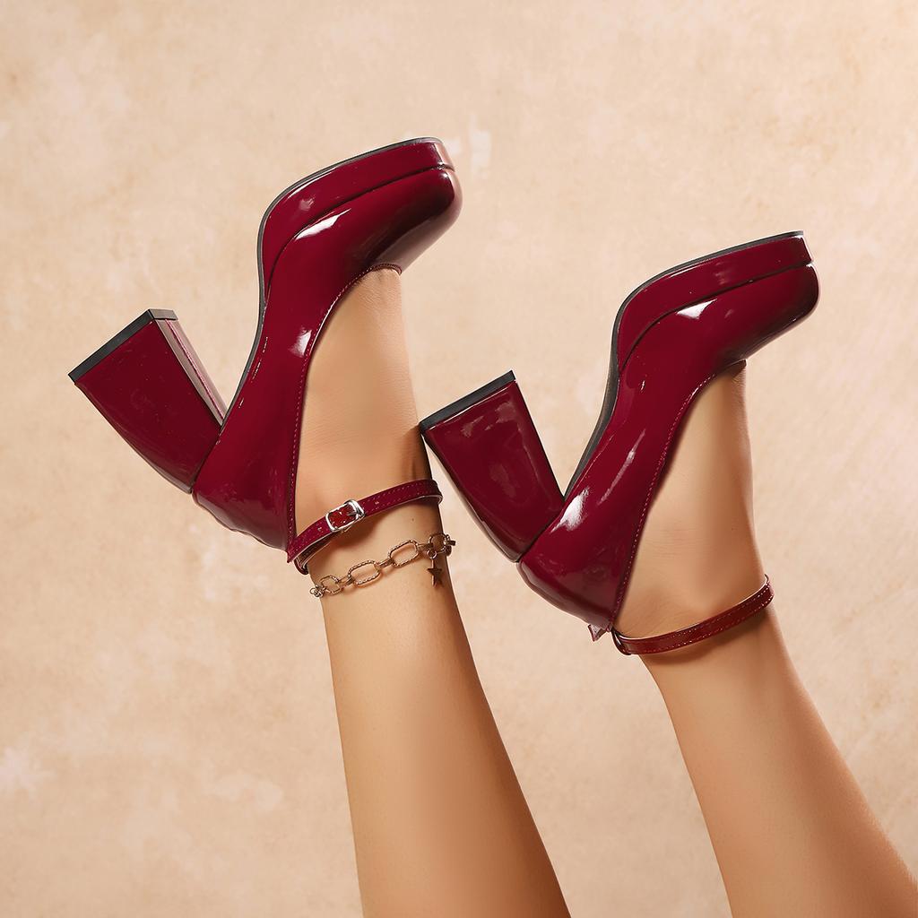 Primavera Verano Retro Correa al Tobillo Suela Gruesa Tacones Altos Punta Redonda Zapatos Mary Jane Casuales para Mujer Boda Novia Tacones Rojos Altos