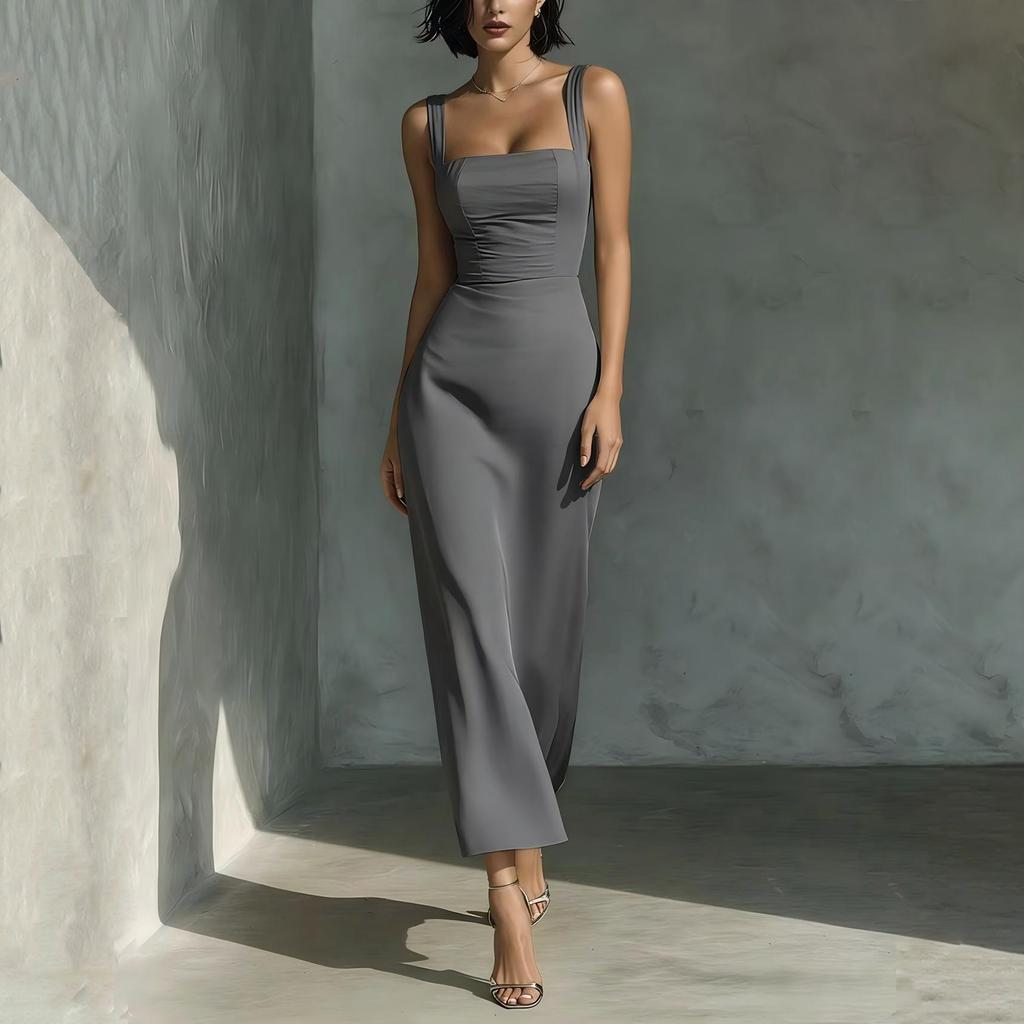 Women's Sleeveless Square Neck Midi Dress Fitted Waist Solid Strap Design Elegant Casual Party Wear for Summer and Spring