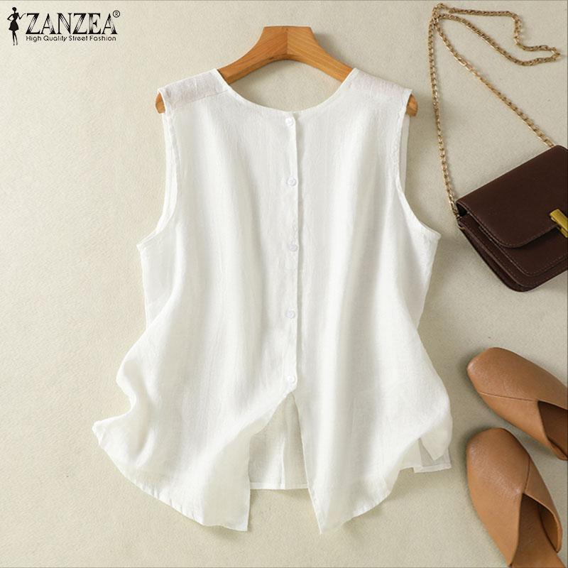 ZANZEA Women O-neck Sleeveless Solid Breathable Splits Casual Loose Tank Tops