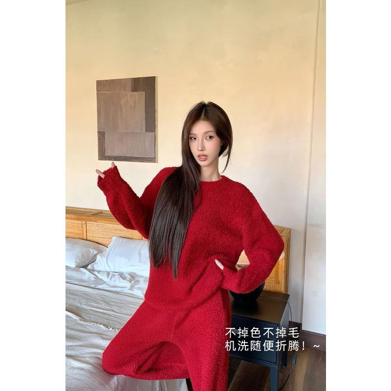 New Red Half-edge Velvet Pajamas Women's Winter Thickened Warm Homewear Christmas Natal Year Red Suit