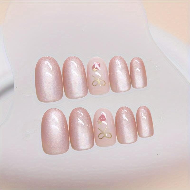 24pcs Oval False Nails French Strawberry Butterfly Cat Eye Press On Nails Fake Nails DIY Manicure Detachable Nail Tips