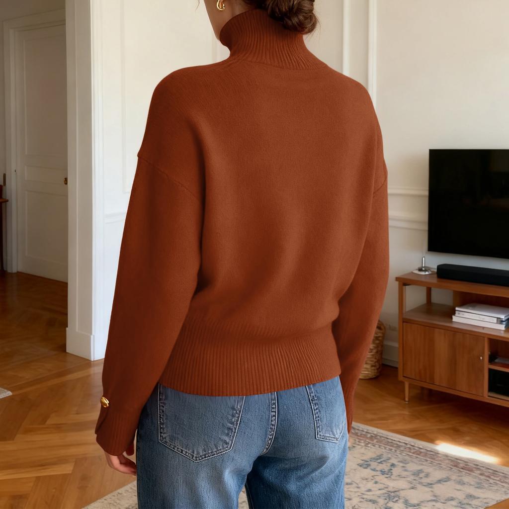Damen Locker Bequemer Lässiger Strickpullover mit Knöpfen und Hohem Kragen