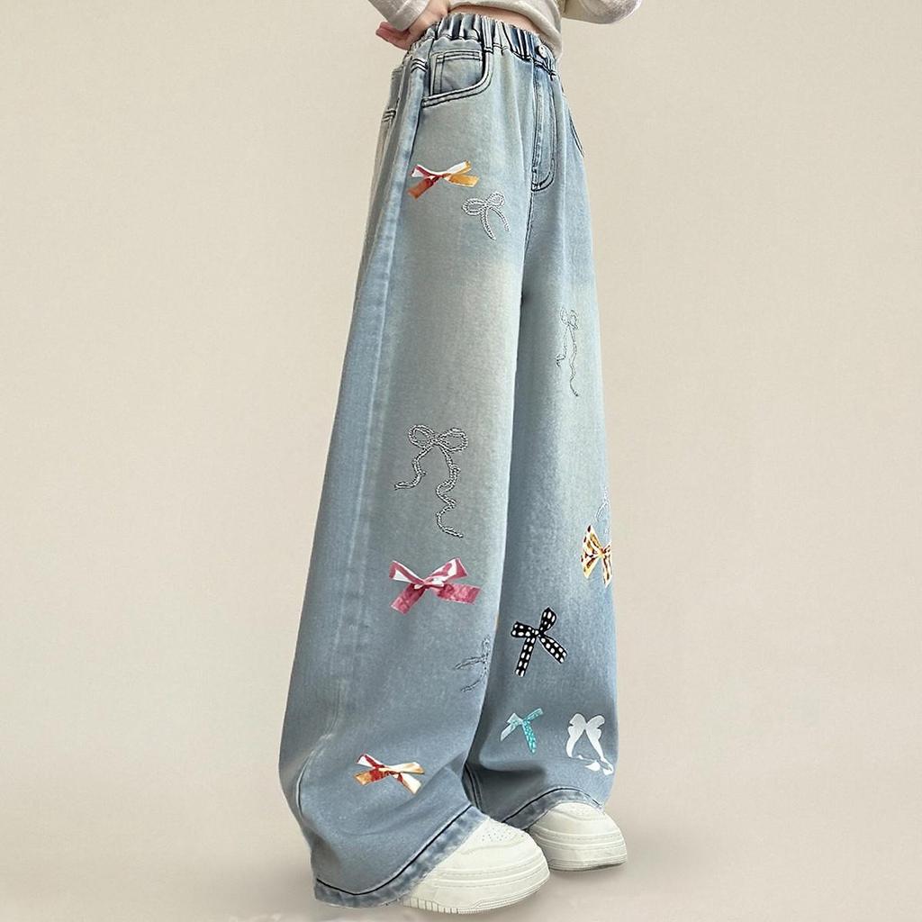 Girls' Straight & Wide Leg Jeans with Bow - Medium & Large, Casual Spring/Autumn Collection