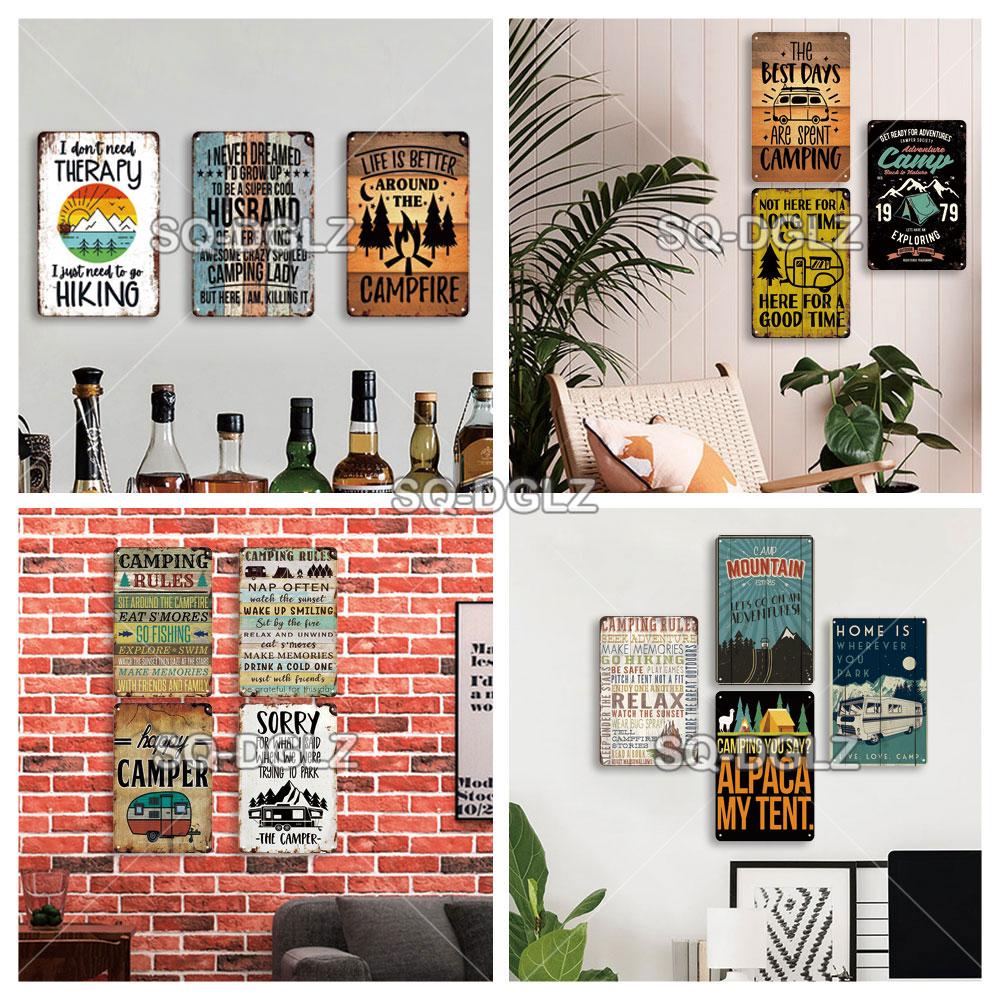 SQ-DGLZ Vintage Camping Rules Relax Metal Sign Plate Tin Sign Plate Home Bar Door Wall Decor Sticker Decoration Plaque Poster