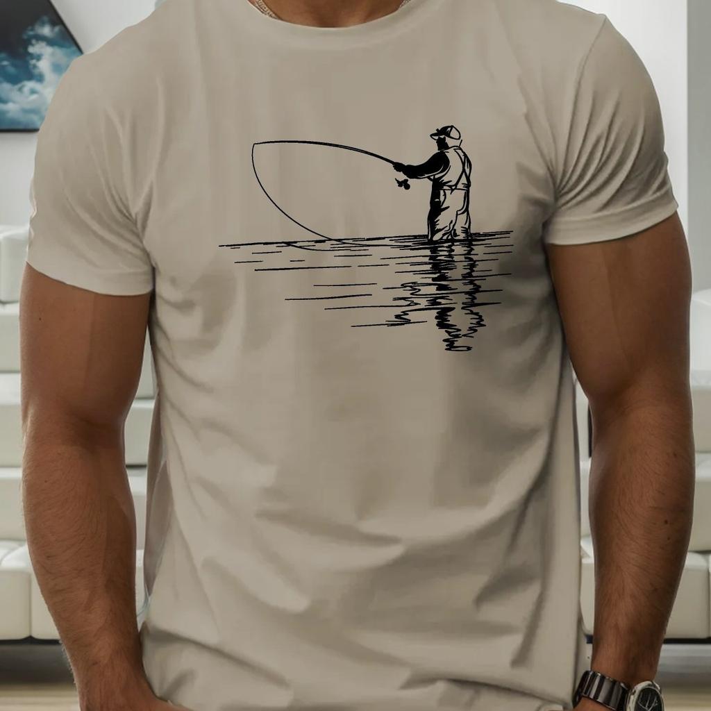 Men's Summer 100 Cotton Fashionable Casual Loose Plus Size Reflection Fishing Printed Round Neck Short Sleeved T-shirt Top