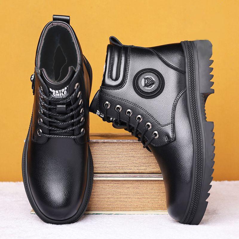 Leather winter cotton shoes men's warm wool piled thickened casual high-top shoes men's non-slip men's shoes