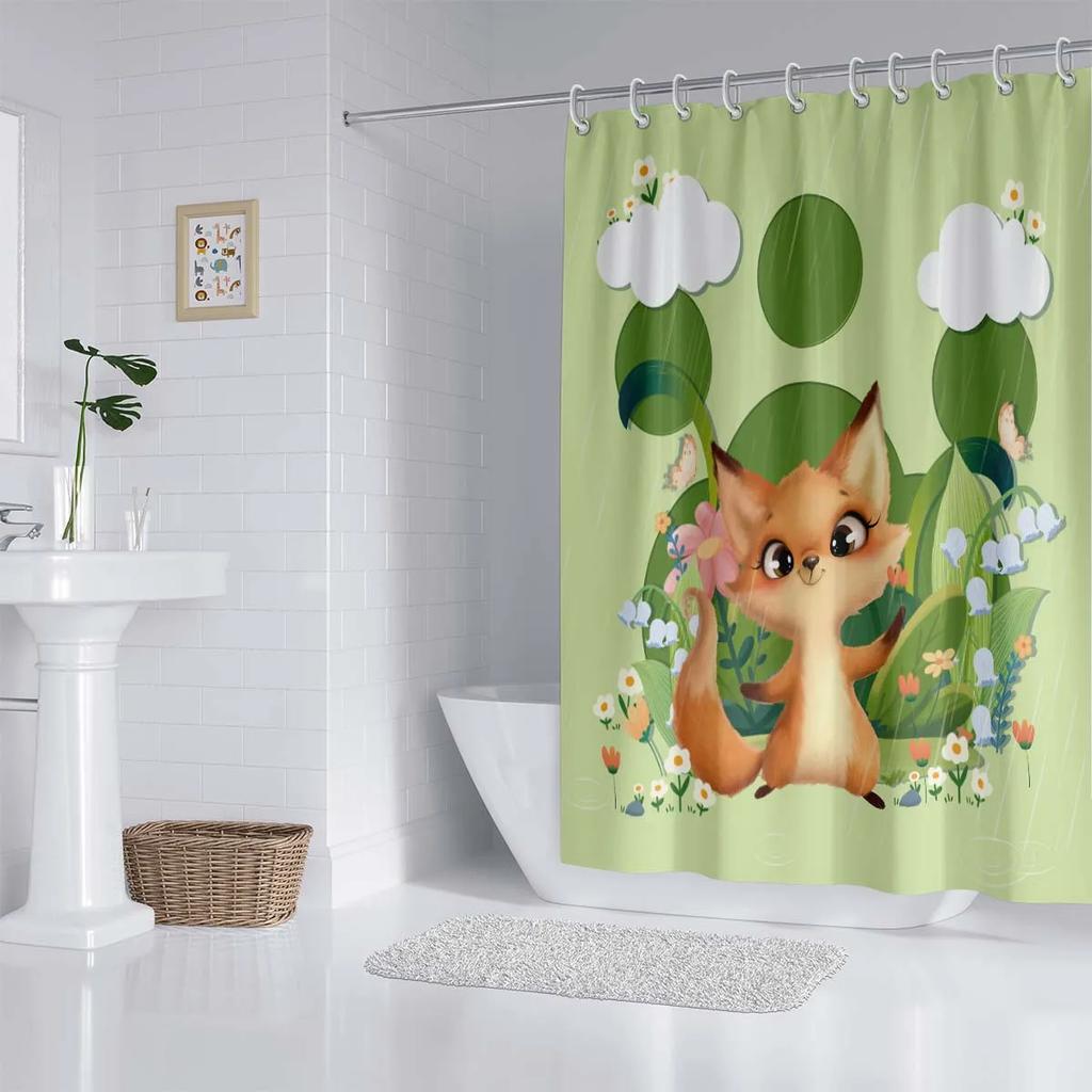 1pc Cute Fox Print Waterproof Shower Curtain Bathe Partition Curtain with 12 Hooks for Privacy Protection Easy Installation