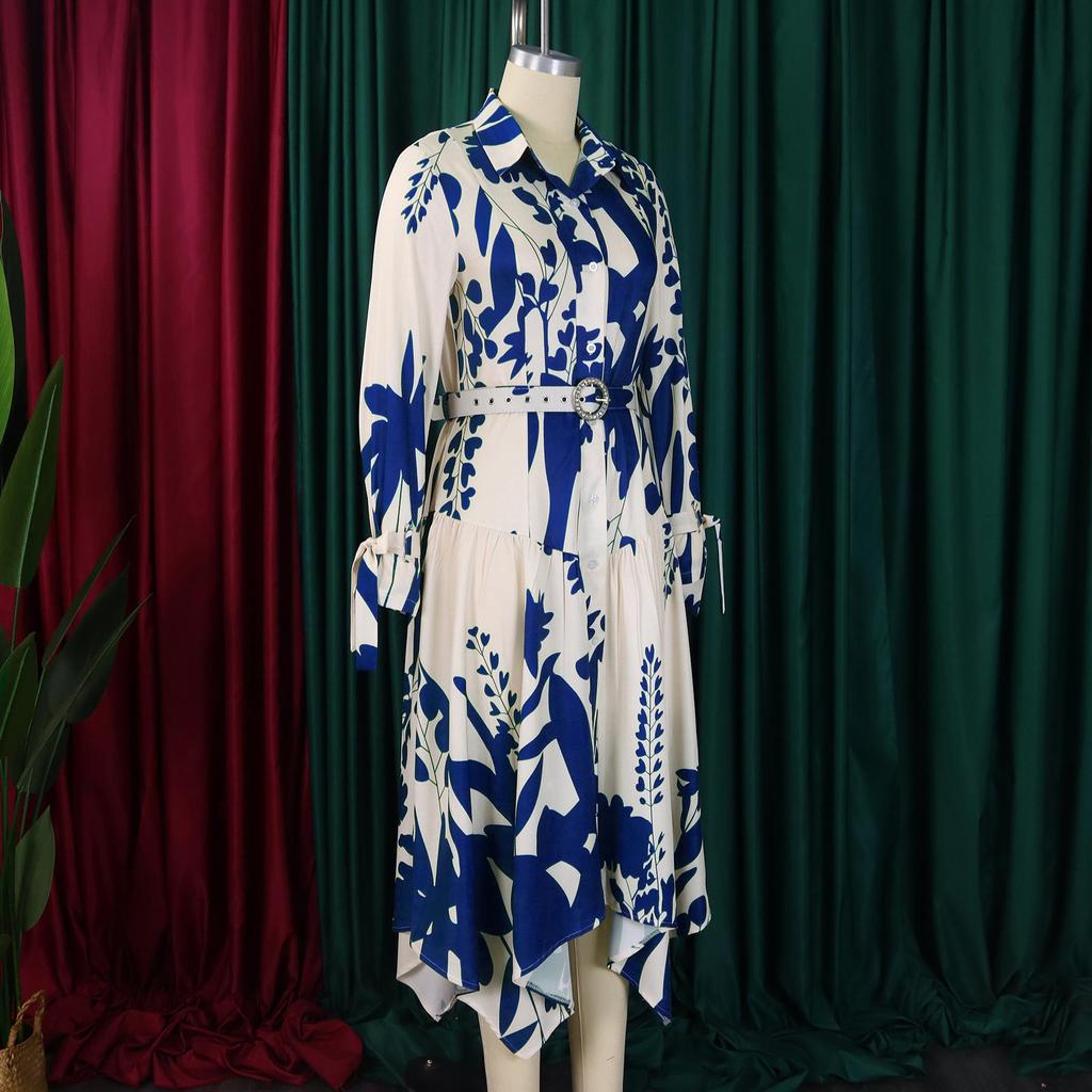 Women's Summer Fashion Print Dress with Turn-Down Collar and Long Sleeves