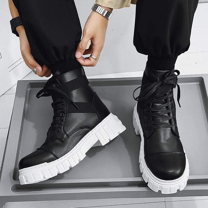 Fashion Black Leather High-top British Style Work Boots Men's Thick Bottom Non-slip Casual Sneakers Platform Boots Masculino Zapatos