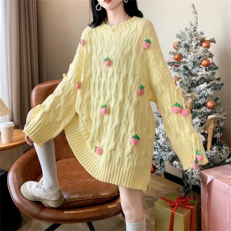 Women 3D Strawberry Decorative Sweater Korean Loose Round Neck Female Knitted Sweaters Winter Fashionable Comfortable Woman Top