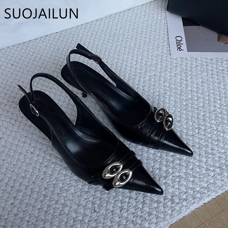 Fashion SUOJIALUN New Brand Women Sandal Fashion Buckle Pointed Toe Shallow Slip On Ladies Elegant Slingback Shoes Thin Low Heel Pumps