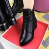 Pointed short boots women's thick heel 2025 autumn and winter new thin boots black temperament women's boots soft leather lace-up Martin boots