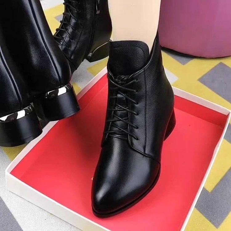 Pointed short boots women's thick heel 2025 autumn and winter new thin boots black temperament women's boots soft leather lace-up Martin boots