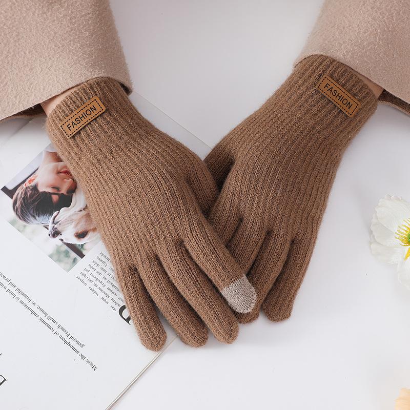 Winter Gloves Winter Girl Thickened Five-finger Student Cute Knitted Cold-proof Riding Touch Screen Warm Cycling Gloves