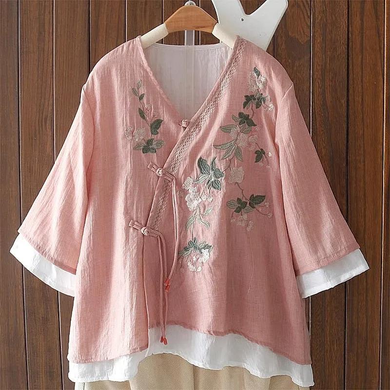 

Women s Pink Linen Cardigan Double Layer Floral Embroidery Frog Button 3/4 Sleeve Casual Top L рожевий