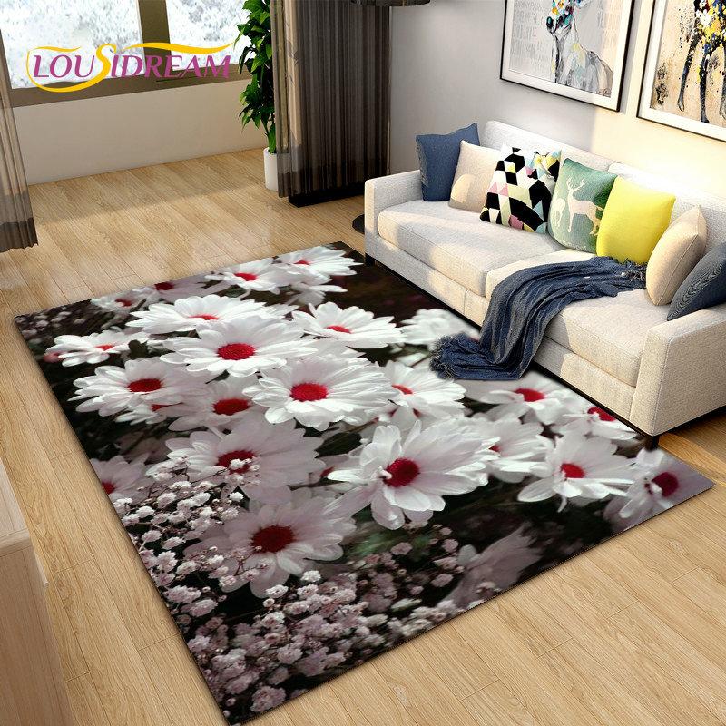 3D Nordic Flower, Daisy Area Rug,Carpet Rug for Living Room Bedroom Sofa Doormat Kitchen Decoration,Kids Play Non-slip Floor Mat